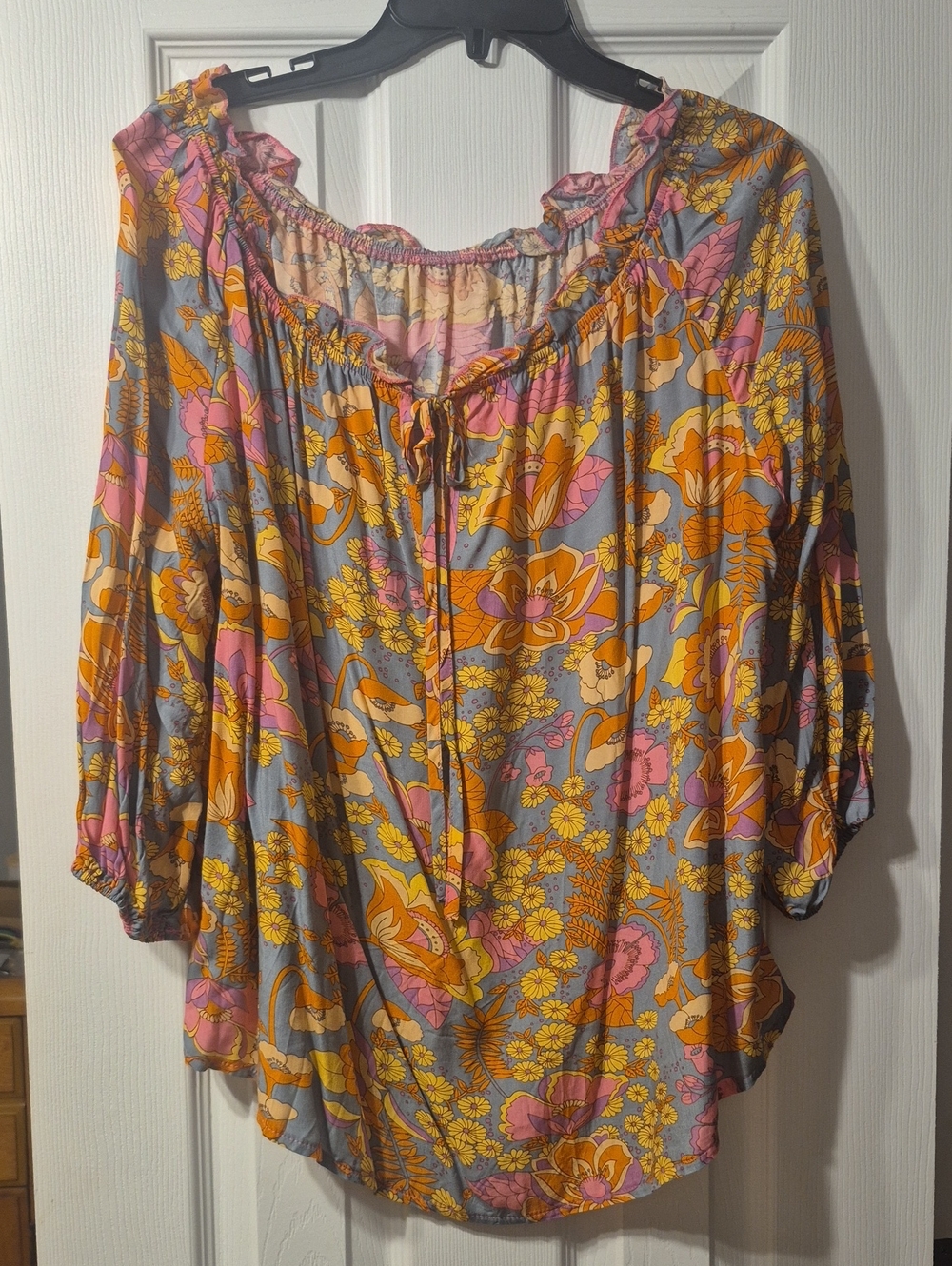 Floral Off-Shoulder Peasant Blouse - Pink, Orange & Gray